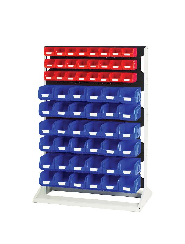 16917223 – Rack à bacs fixe double face avec 8 panneaux, 48 bacs rouges et 72 bacs bleus – 1000x550x1450mm - Image 1