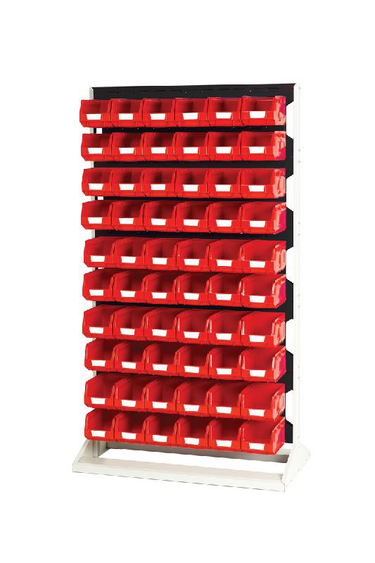 Rack à bacs fixe double face – 10 panneaux et 120 bacs rouges – LxPxH : 1000x550x1775mm - Image 1