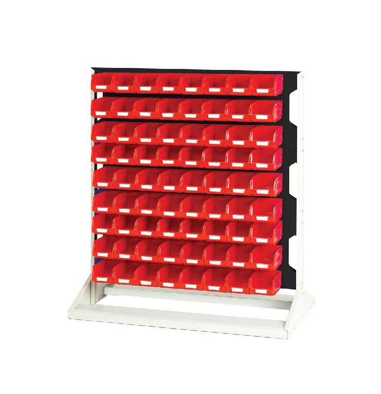 Rack à bacs fixe simple face – 3 panneaux et 72 bacs rouges – 1000x550x1125mm 1