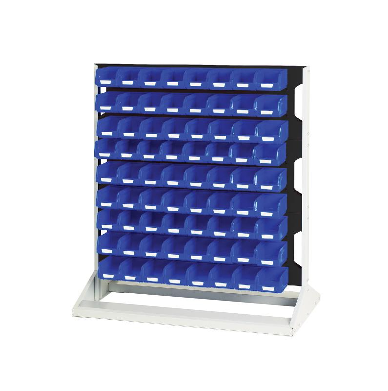 Rack à bacs fixe simple face – 3 panneaux et 72 bacs bleus – LxPxH : 1000x550x1125 mm - Image 1