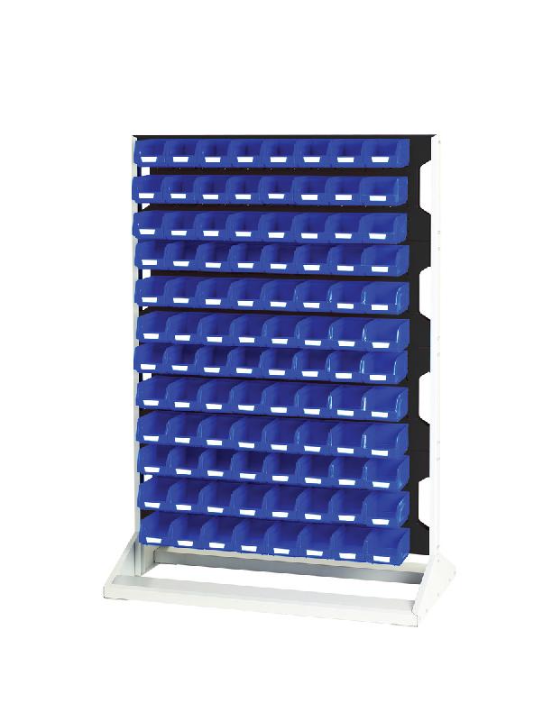Rack à bacs fixe simple face – 4 panneaux, 96 bacs bleus, dimensions 1000x550x1450mm - Image 1