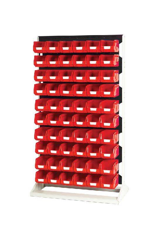 Rack à bacs fixe simple face – 5 panneaux, 60 bacs rouges – LxPxH : 1000x550x1775 mm - Image 1
