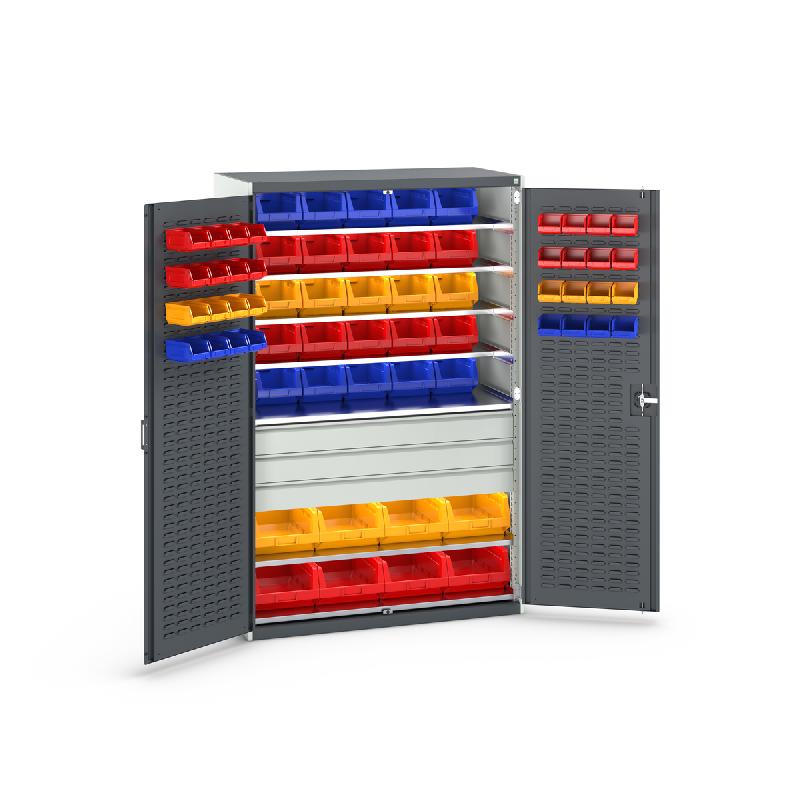 Armoire Cubio SMF-13620-2.3 – Portes à bacs, 7 tablettes, 3 tiroirs, 65 bacs – LxPxH : 1300x650x2000 mm - Image 1