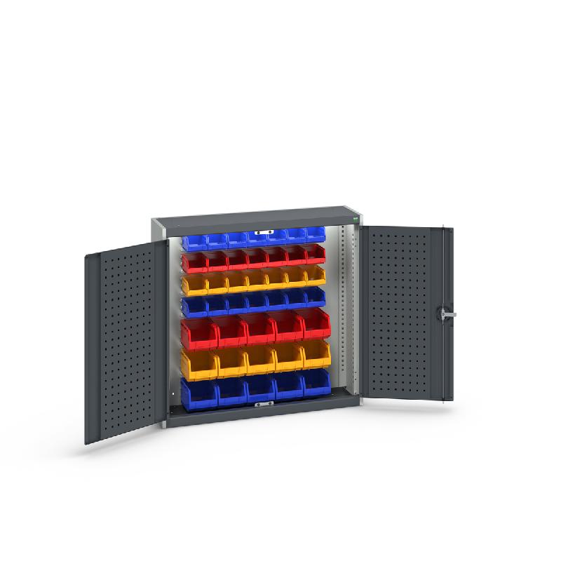 40031065 – Armoire murale à bacs Cubio – Fond à bacs, 43 bacs, acier renforcé, charge jusqu&rsquo;à 1 tonne - Image 1