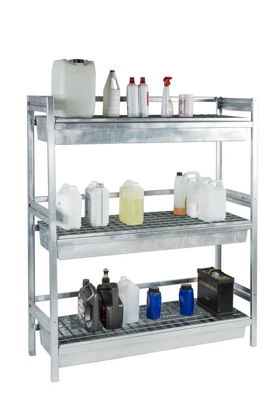 Etagère de rétention métallique galvanisée – 3 niveaux – Pour petits bidons et fûts – ETSTD1500-C - Image 1
