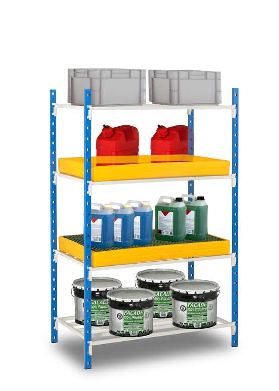 Étagère pour bacs de rétention légers – ETPLAS175/100-C – 4 niveaux modulables avec poteaux et tablettes tubulaires - Image 1