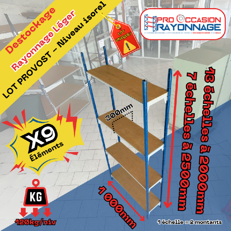 Lot d&rsquo;étagères PROVOST avec plaque isorel – 9000mm de longueur totale ! - Image 1