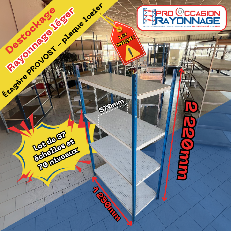 Lot rayonnage léger – niveau en plaque Lozier – 74 montants + 70 niveaux – Provost - Image 1