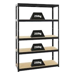 PROREGAL Étagère charge lourde BIG ELEPHANT S, HxLxP 180x120x45cm, 250kg par niveau, Noir, Étagère robuste de Garage, Atelier – noir acier RK2-03 - Image 1