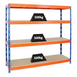 PROREGAL Étagère charge lourde RHINO, HxLxP 180x200x60cm, 500kg par niveau, Tablette 16mm, Bleu/Orange, Étagère de garage, étagère de rangement - Image 1