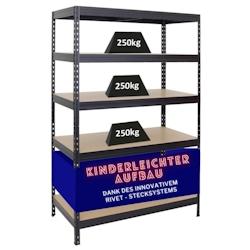 PROREGAL Étagère charge lourde RIVET, HxLxP 180x120x60cm, 250kg par niveau, Système d’emboîtement innovant, Noir, Étagère robuste de Garage – no - Image 1