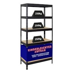 PROREGAL Étagère charge lourde RIVET, HxLxP 180x90x45cm, 250kg par niveau, Système d’emboîtement innovant, Noir, Étagère robuste de Garage – noi - Image 1