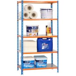 PROREGAL Étagère pour charges lourdes METAL SHARK | HxLxP 180x90x40cm | Charge du compartiment 180kg | Bleu-orange – bleu acier PR_RS3-02 - Image 1