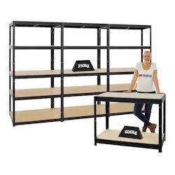 PROREGAL Mega Deal 3x Étagère charge lourde SLIM ELEPHANT M HxLxP 180x90x60cm & 1x Etabli DINO réglable en hauteur 90x120x60cm, 600kg par niveau – - Image 1