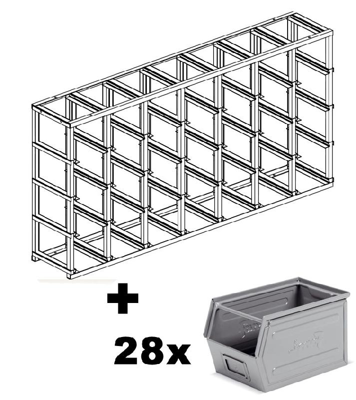 Rack de rangement 28 postes avec bacs métalliques vernis 12.5 litres – 2702716 - Image 1