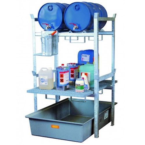 Rayonnage 400 pour 2 fûts de 60 litres ou 1 fût de 220 litres et 1 caillebotis – Pour huiles, lubrifiants – CEMO – 7665F - Image 1