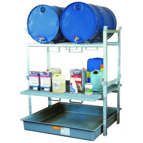 Rayonnage 800 pour 2 fûts de 220 litres et caillebotis pour petits récipients – Pour huiles, lubrifiants – CEMO – 7673F - Image 1