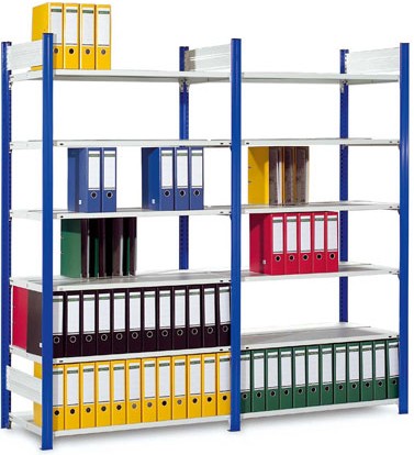 Rayonnage à classeurs double accès – bleu zingué – charge 90kg par tablette – modulaire et réglable - Image 1