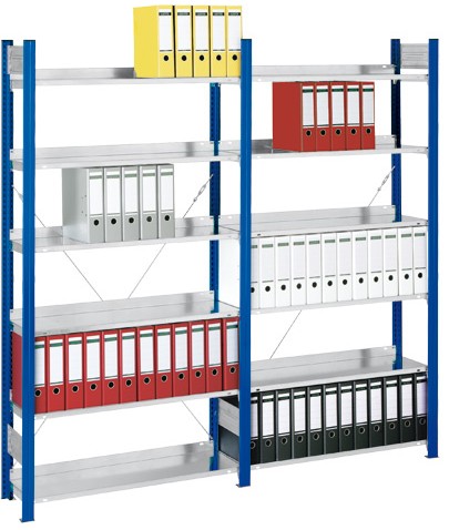 Rayonnage à classeurs simple accès – Modulaire et extensible – Charge 60kg par tablette – Hauteur réglable – Finition bleu gentiane et zinguée - Image 1