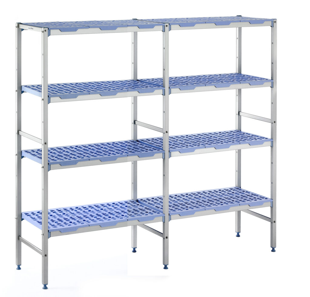 Rayonnage léger à clayette ajourée en polypropylène – IMMEL – Aluminium anodisé – Charge max 200 kg par niveau - Image 1