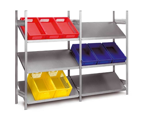 Rayonnages industriels à tablettes inclinées – double accès – charge 100kg par niveau – modulaire et extensible - Image 1