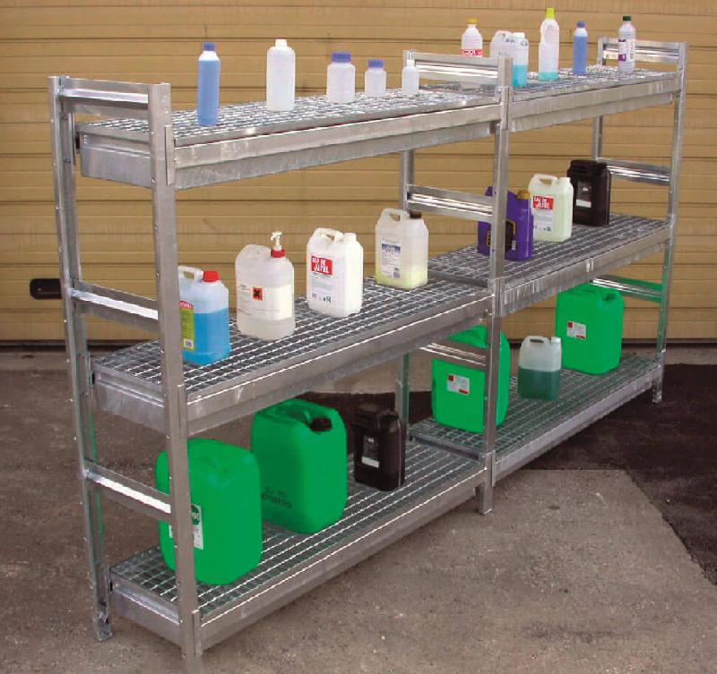 Rayonnage galvanisé sur 3 niveaux avec 3 bacs de rétention supplémentaires au rayonnage 071238 - Image 1