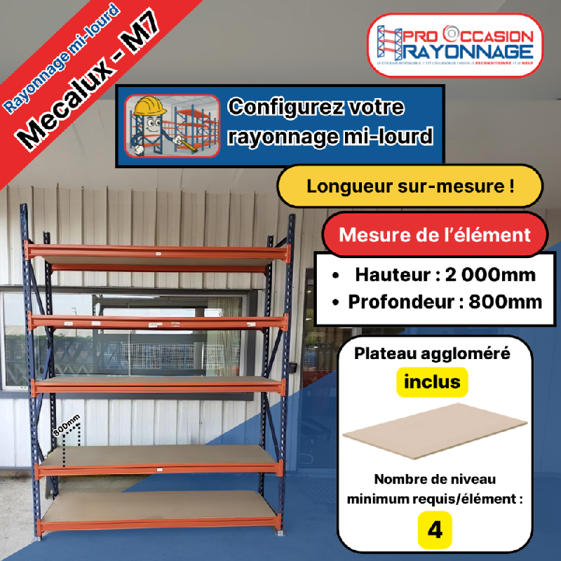 Rayonnage mi-lourd M7 -Plateau bois- Hauteur 2000 mm – Longueur à configurer - Image 1