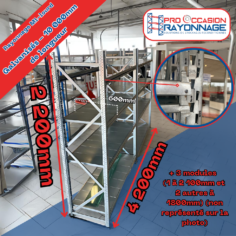 Rayonnage mi lourd – Hauteur 2200mm, Longueur 10 000mm, Profondeur 600mm – Mitop galvanisé - Image 1
