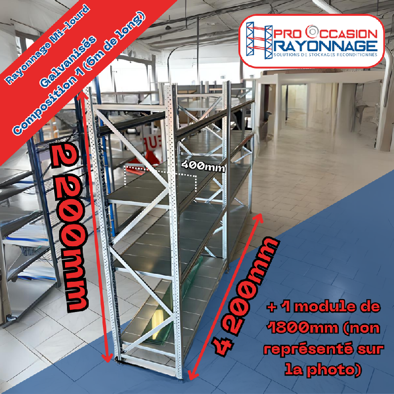 Rayonnage mi lourd – Hauteur 2200mm, Longueur 12 300mm, Profondeur 400mm – Mitop galvanisé - Image 1