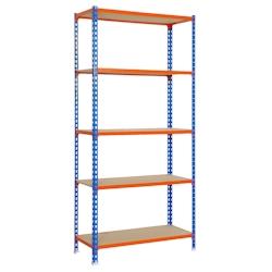 SimonRack Etagère métallique sans vis Maderclick 5 plateaux de 150 kgs par plateau couleur BLEU/ORANGE/BOIS 1800x900x300 mm (haut x largeur x profon - Image 1