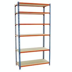SimonRack Etagère métallique sans vis Maderclick 6 plateaux de 150 kgs par plateau couleur BLEU/ORANGE/BOIS 2500x900x400 mm (haut x largeur x profon - Image 1