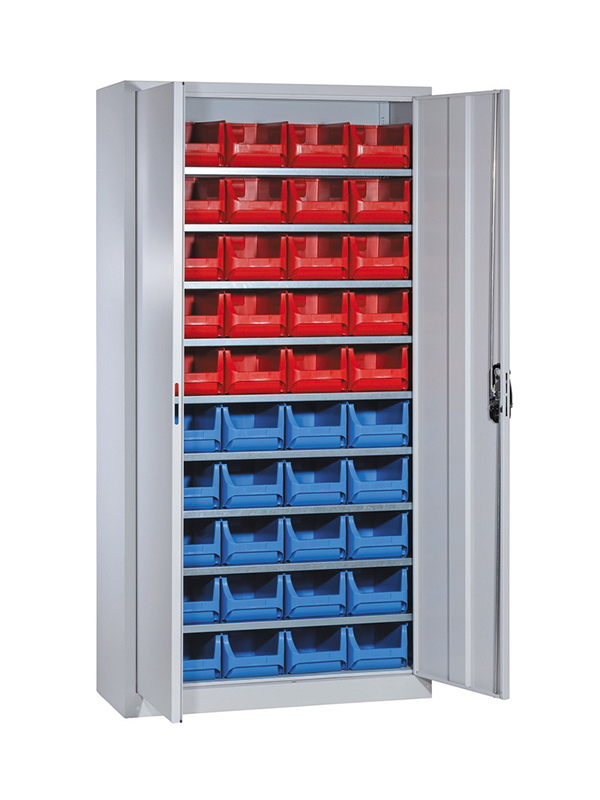 Armoire pour bacs à bec SORI 1000 x 420 x 1980 – 9 tablettes, 40 bacs à bec, gris RAL 7035 - Image 1