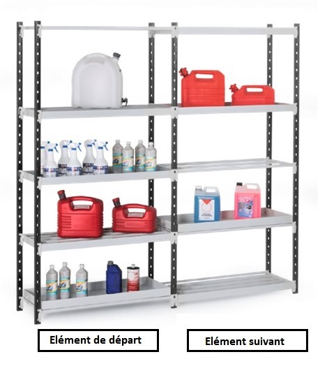Rayonnage métallique rétention pour produits polluants – 5 tablettes tubulaires gris perle avec 5 bacs de rétention indépendants - Image 1