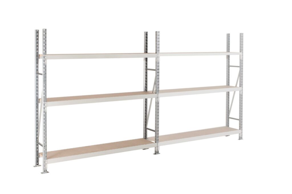 Rayonnage mi-lourd EPSIVOL ONE – hauteur jusqu&rsquo;à 3000mm, charge 500kg par niveau, référence VH20L15P4N3DGR7035 - Image 1