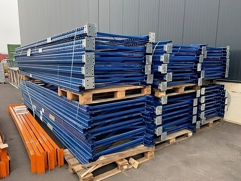 Rack de stockage d&rsquo;occasion Jungheinrich 3.9m x 1.1m – rayonnage à palettes en acier bleu, conformité FEM 10.2.02 - Image 1