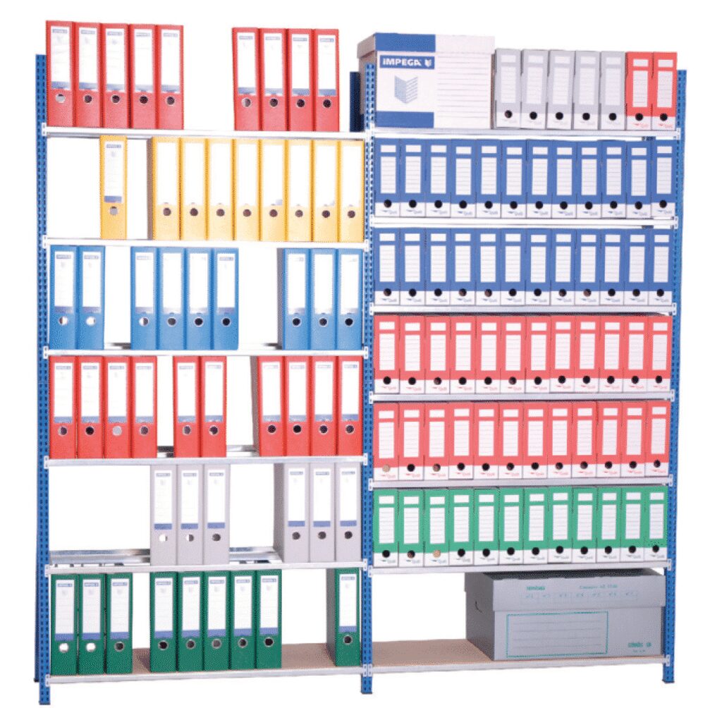 Rayonnage Archives Axel Compact – 2000mm, 6 tablettes, 970×350/700mm, bleu RAL 5019, 120 kg par niveau - Image 1