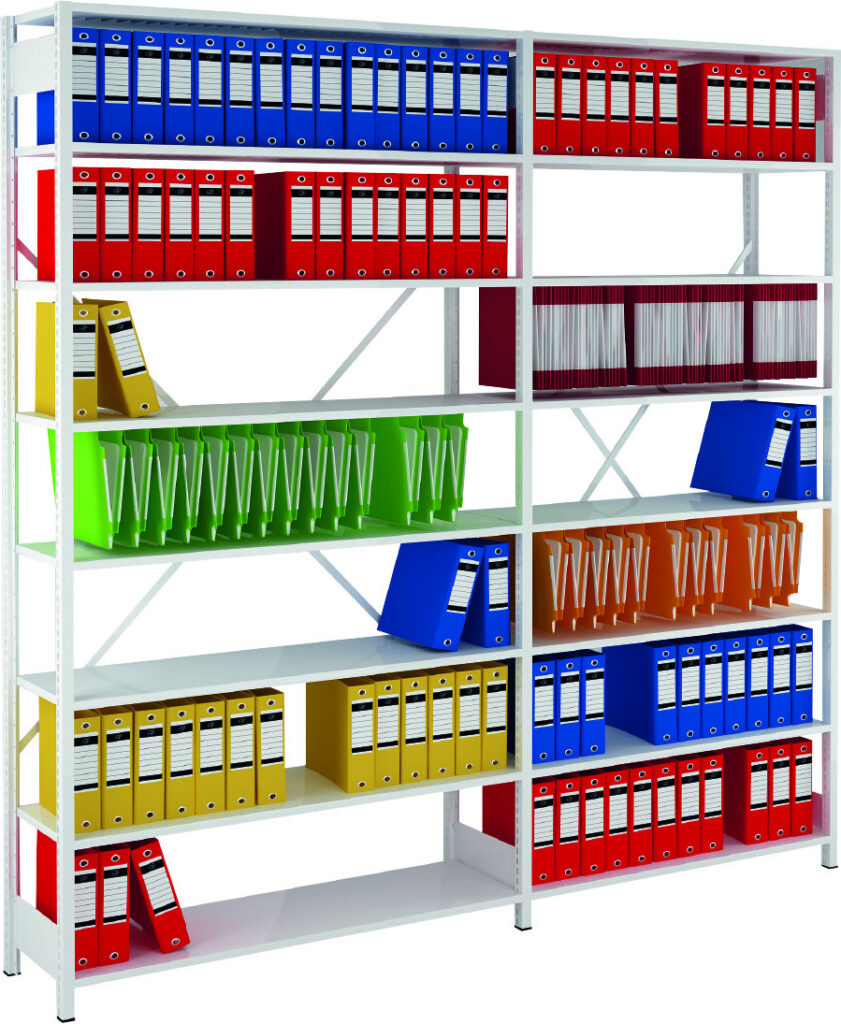 Rayonnage boîtes d&rsquo;archives DS Grande Hauteur – hauteur jusqu&rsquo;à 2450 mm, longueur 1000/1200 mm, 7 tablettes, finition blanc RAL 9016 - Image 1