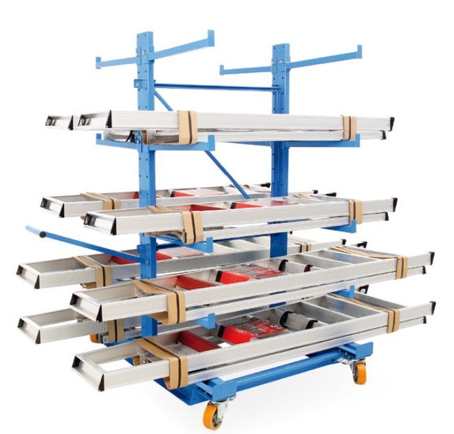Rayonnage Cantilever mobile double face pour charges longues avec poignée et roues freinées - Image 1