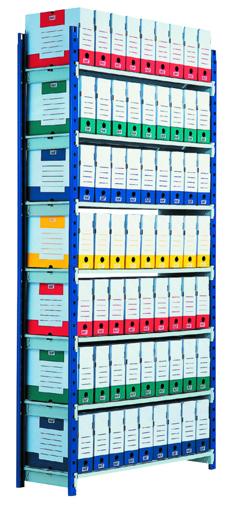 Rayonnage de bureau modulable Rang&rsquo;éco – Structure acier époxy bleu – Tablettes réglables – Charge 180 kg - Image 1