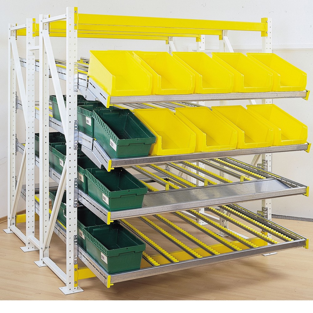 Rayonnage dynamique gravitaire pour stockage drive – incliné sur rouleau pour bac de picking - Image 1