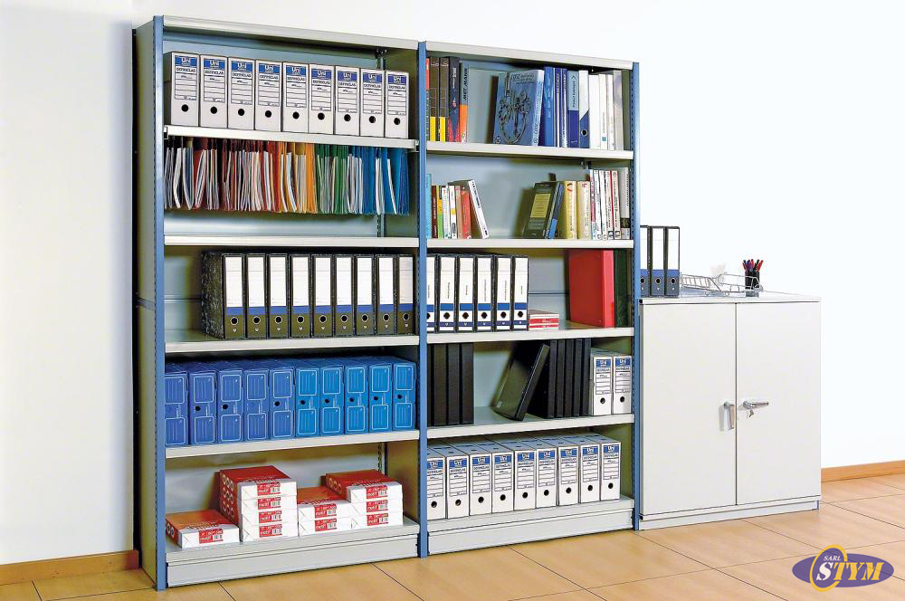 Rayonnage léger STYM – stockage bureau ou atelier, hauteur jusqu&rsquo;à 8 mètres, fixation sans vis - Image 1