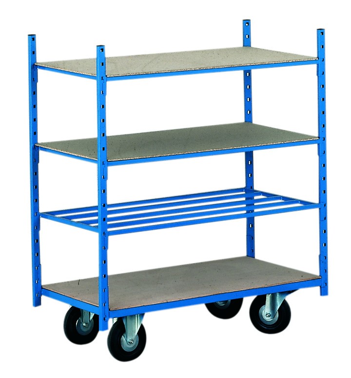 Rayonnage mi lourd mobile – Charge 100 kg / niveau, dimensions 1210 x 600 x 1500 mm, tablettes tubulaires, base plateau aggloméré 8 mm, 2 roues fixes et 2 roues pivotantes Ø200 mm – Neuf - Image 1