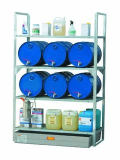 Rayonnage rétention 150 L – stockage 6 fûts 60 L horizontaux 1/1 + plan de pose - Image 1