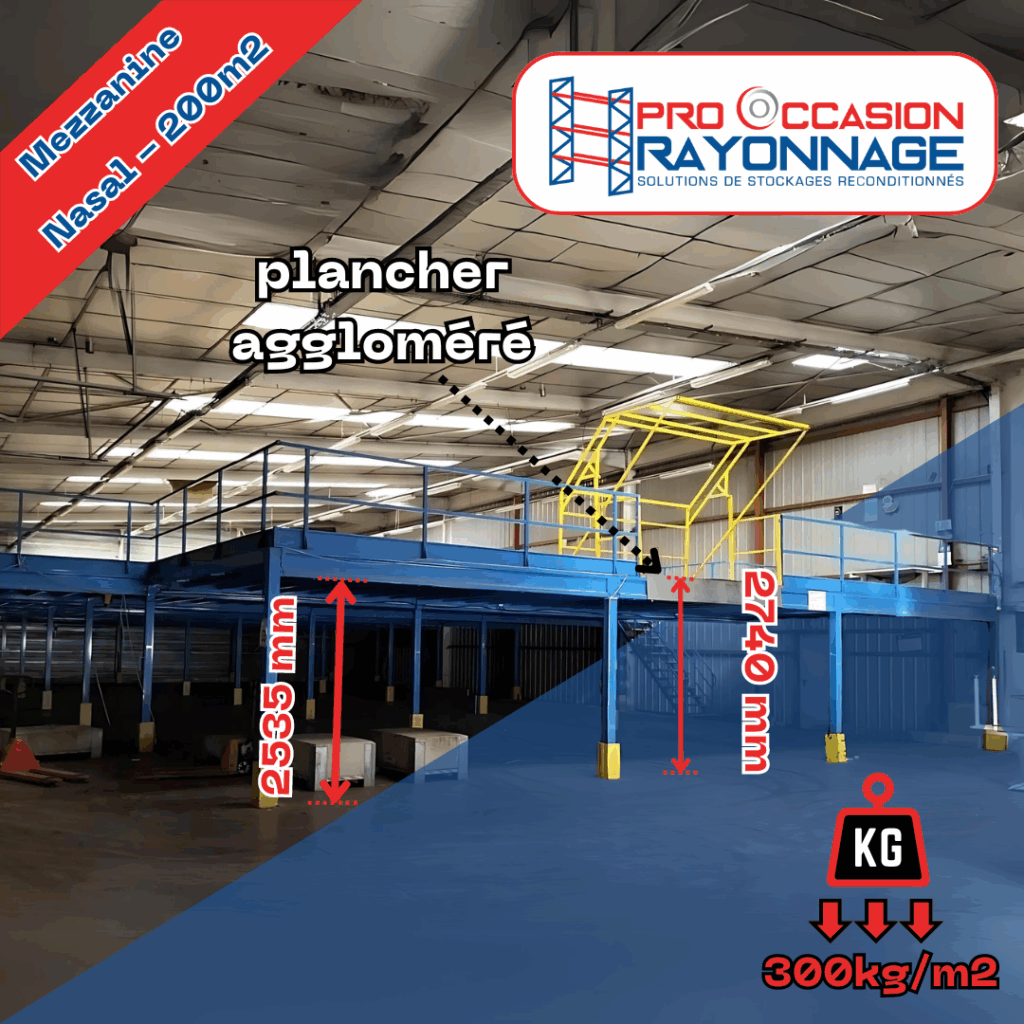 Mezzanine Industrielle Nasal 200 m² – Modulable, capacité 300 kg/m², hauteur 2740 mm 1