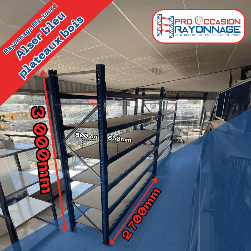 Rayonnage mi-lourd ALSER – Bleu – Hauteur 3000mm, Longueur 2700mm, Profondeur 500mm ou 650mm – Capacité 700kg par niveau – 5 niveaux modulables - Image 1