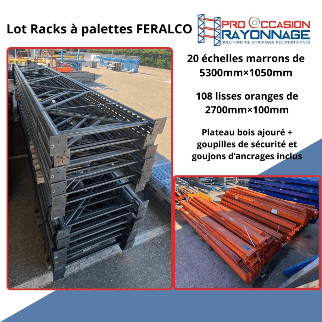 Racks à palettes Feralco d&rsquo;occasion – 20 échelles 5,3 m x 1,05 m – Capacité 2,1 t/niveau – Plateaux bois inclus - Image 1