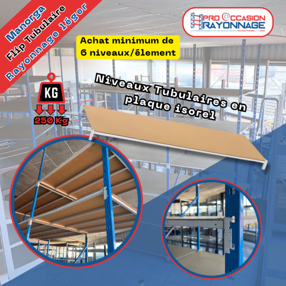 Rayonnage tubulaire Flip Manorga H3250 reconditionné – longueur sur mesure 1000 à 1500 mm, charge 250 kg/niveau, tablettes isorel incluses 3
