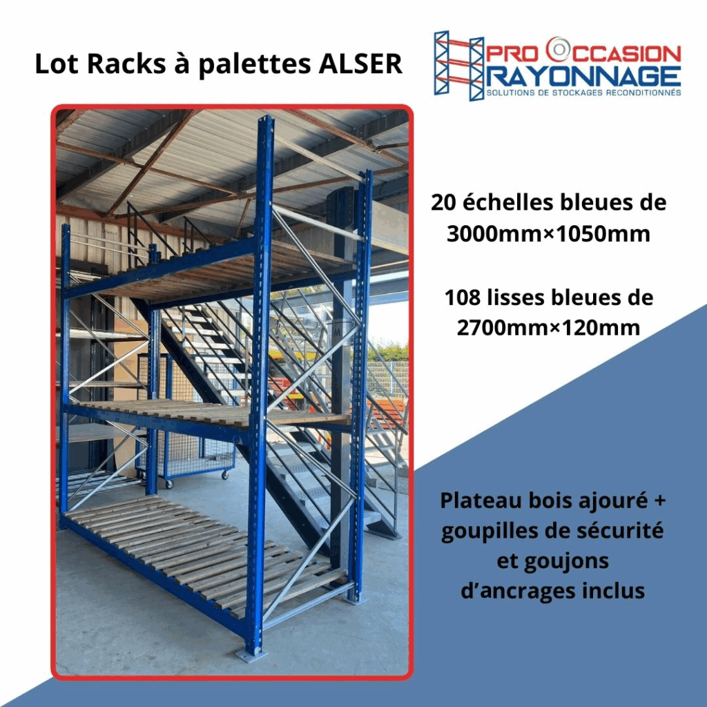 Racks à palettes Alser d&rsquo;occasion – 20 échelles 3000x1050mm, 108 lisses 2700x120mm, capacité 3 tonnes/niveau - Image 1