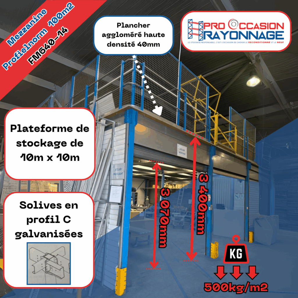 Mezzanine industrielle Profilnorm 100 m² – Occasion – Charge 500 kg/m² avec garde-corps et escalier - Image 1