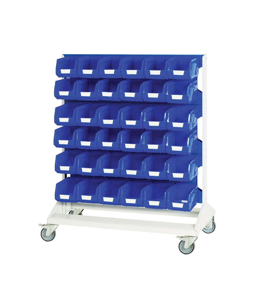 Rack à Bacs Mobile Double Face & Bacs 6 Panneaux, 72 Bacs Bleu – 1000x550x1250 mm 1